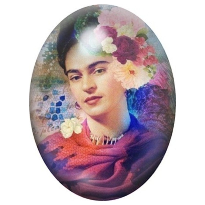 Cabochon en Verre Illustré Frida Kahlo aux Fleurs en Aquarelle Violette 13x18, 18x25 ou 30x40mm