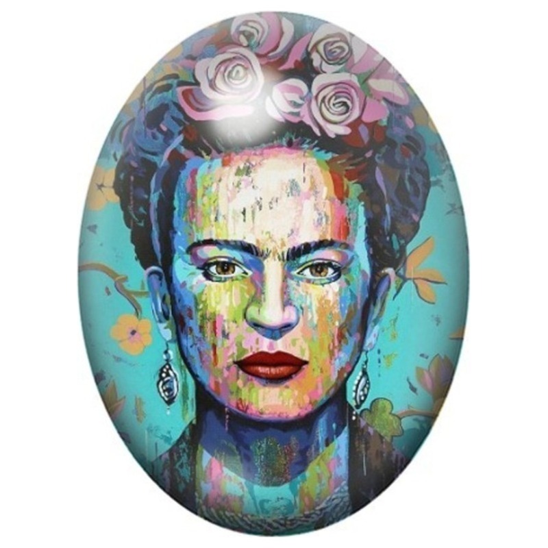 Cabochon en Verre Illustré Frida Kahlo au Visage Peint Multicolore 13x18, 18x25 ou 30x40mm