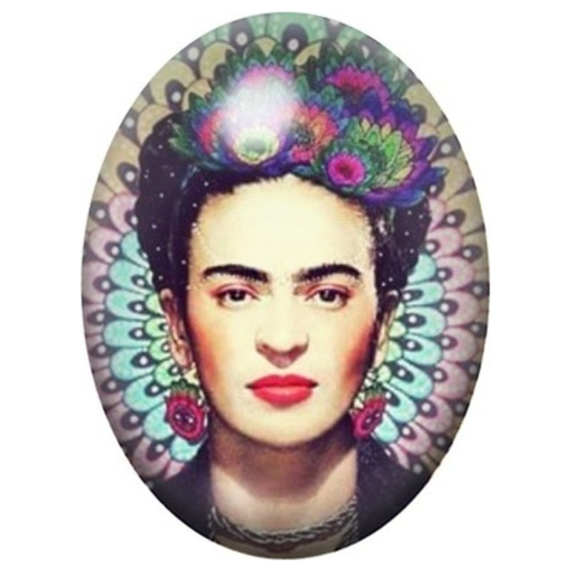 Cabochon en Verre Illustré Frida Kahlo au Mandala Fleuri 13x18, 18x25 ou 30x40mm