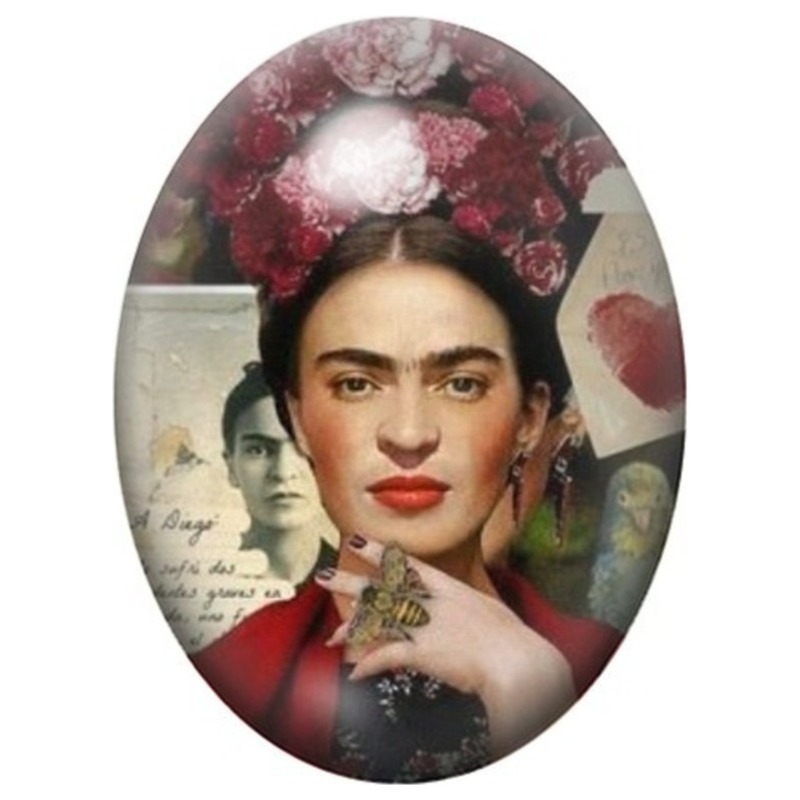 Cabochon en Verre Illustré Frida Kahlo à la Rose et au Papillon 13x18, 18x25 ou 30x40mm