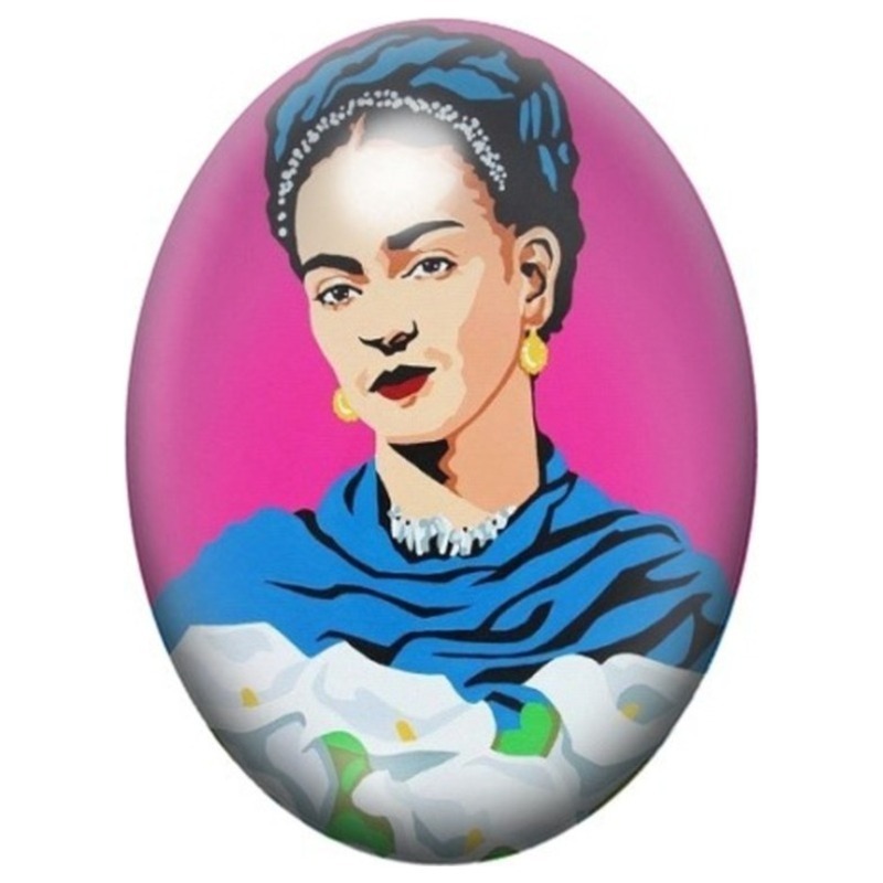 Cabochon en Verre Illustré Frida Kahlo au Châle Bleu et Fleurs Blanches 13x18, 18x25 ou 30x40mm