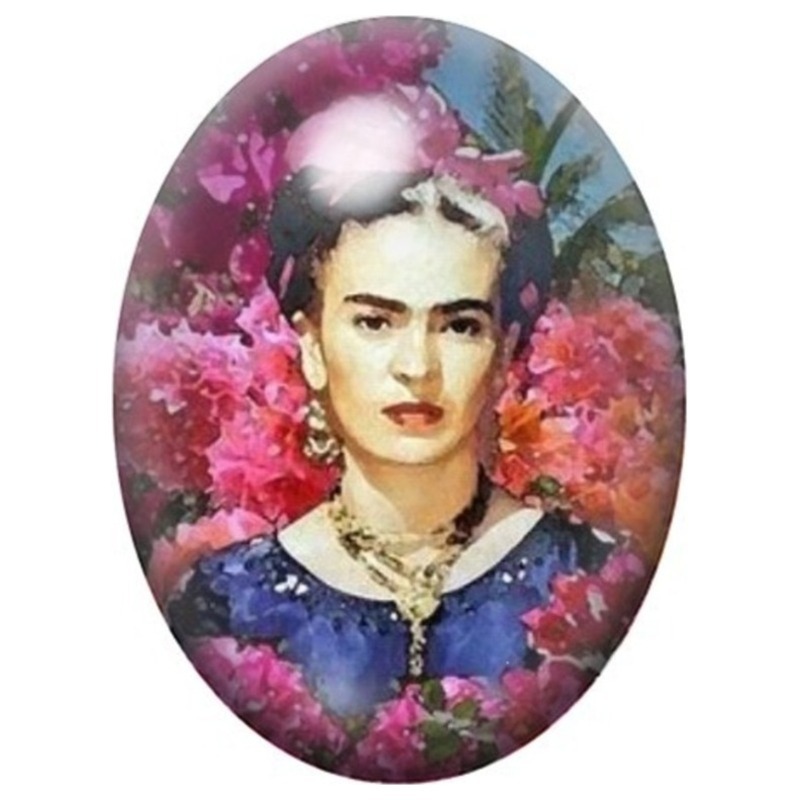 Cabochon en Verre Illustré Frida Kahlo au Jardin Rose et Violet 13x18, 18x25 ou 30x40mm
