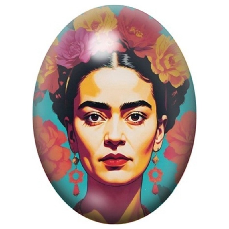 Cabochon en Verre Illustré Frida Kahlo en Portrait Fleuri aux Tons Chauds 13x18, 18x25 ou 30x40mm