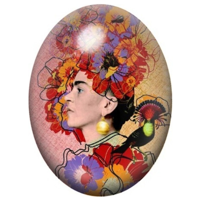 Cabochon en Verre Illustré Frida Kahlo de Profil au Collage Fleuri 13x18, 18x25 ou 30x40mm