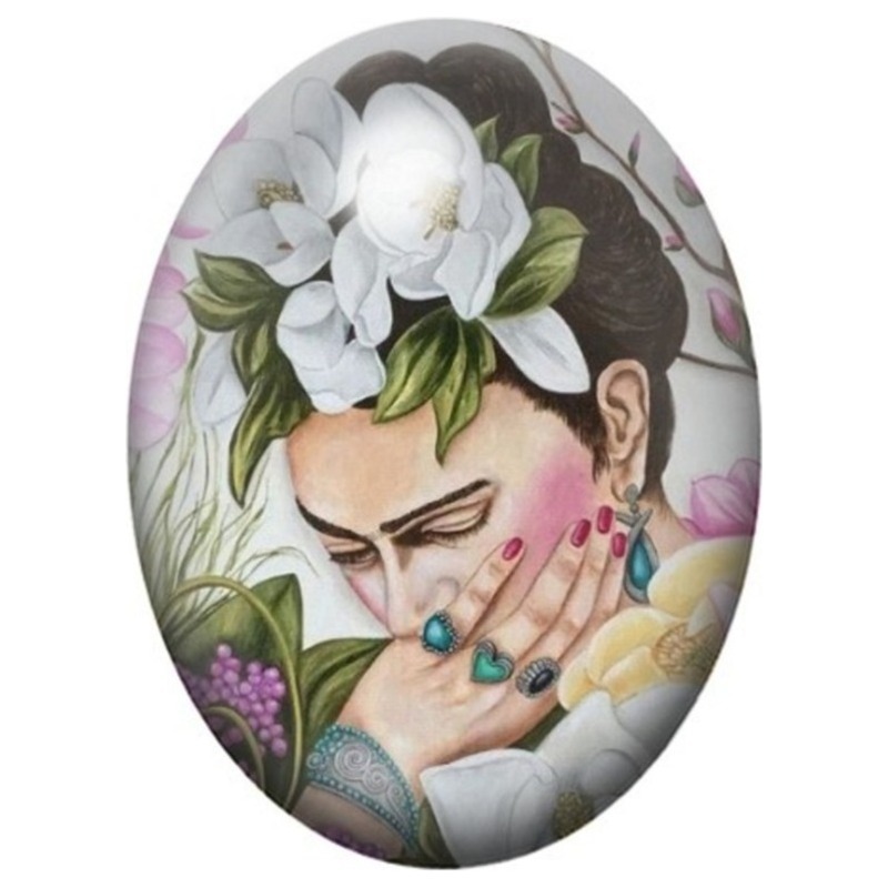 Cabochon en Verre Illustré Frida Kahlo à l’Orchidée Blanche 13x18, 18x25 ou 30x40mm