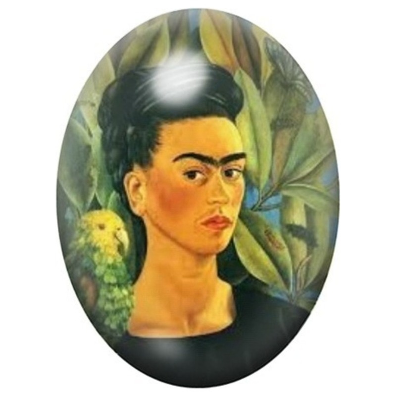 Cabochon en Verre Illustré Frida Kahlo dans un Feuillage Vert 13x18, 18x25 ou 30x40mm