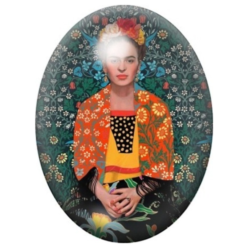 Cabochon en Verre Illustré Frida Kahlo Assise en Veste Orange 13x18, 18x25 ou 30x40mm