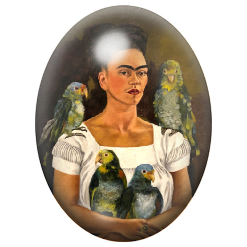 Cabochon en Verre Illustré Frida Kahlo entourée de Perroquets 13x18, 18x25 ou 30x40mm