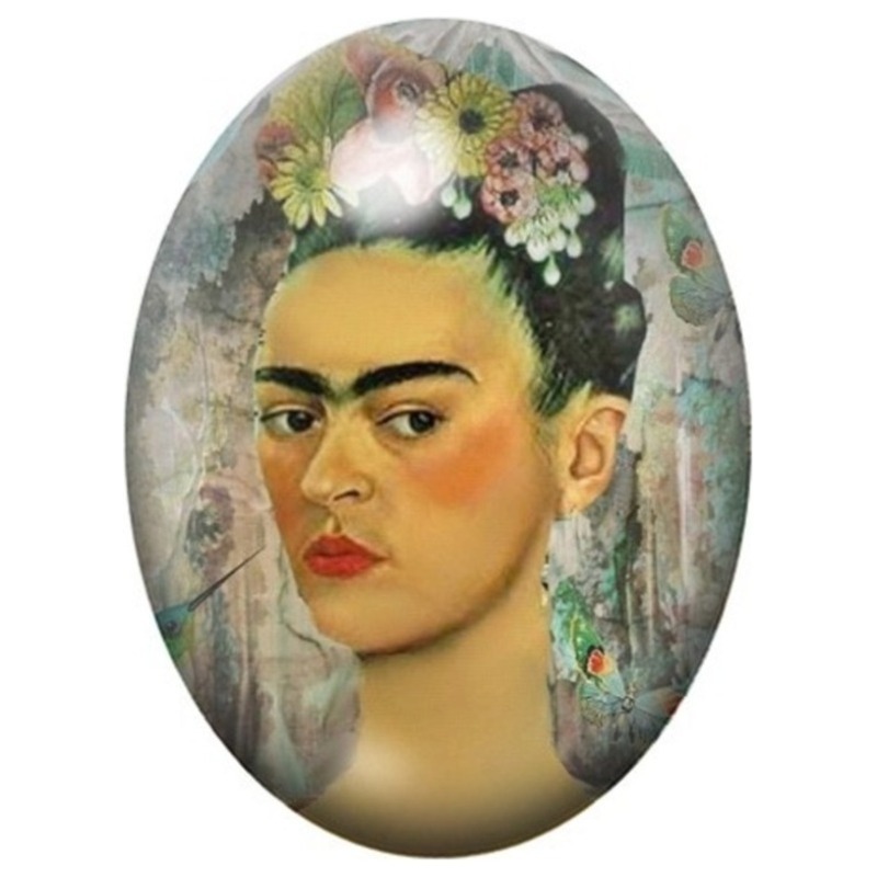 Cabochon en Verre Illustré Frida Kahlo aux Fleurs en Portrait Peint 13x18, 18x25 ou 30x40mm