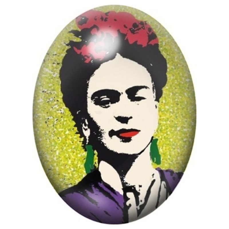Cabochon en Verre Illustré Frida Kahlo Pop Art Vert et Violet 13x18, 18x25 ou 30x40mm