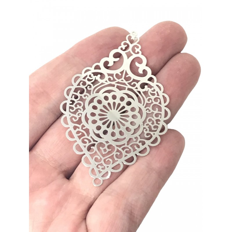 2 Breloques Pendentif Argenté Estampe Filigrane Ajouré 58x37mm