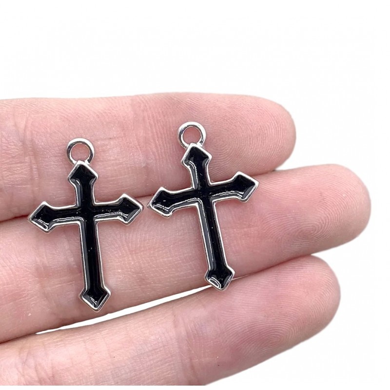 2 Breloques Pendentif Croix en Émail Noir Métal Argenté Gothique Halloween 25x15mm