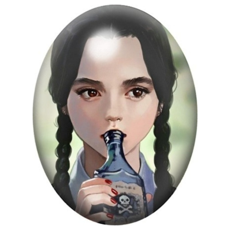 Cabochon en Verre Illustré Mercredi Addams buvant une Potion 13x18, 18x25 ou 30x40mm