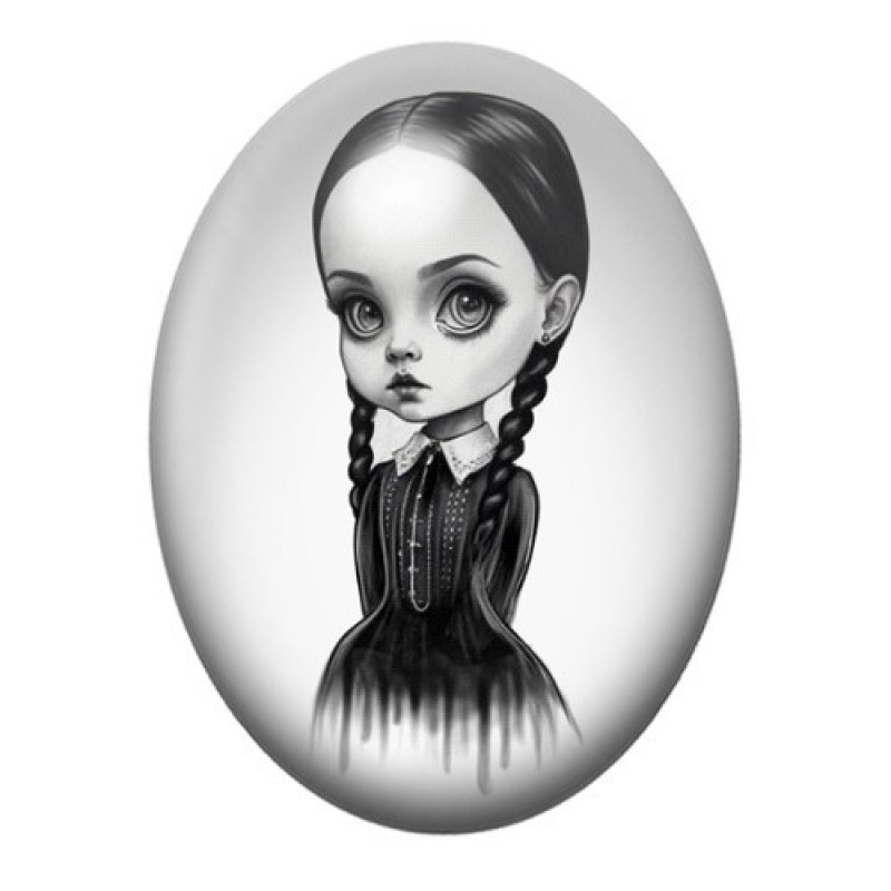 Cabochon en Verre Illustré Mercredi Addams Minimaliste en Noir et Blanc 13x18, 18x25 ou 30x40mm