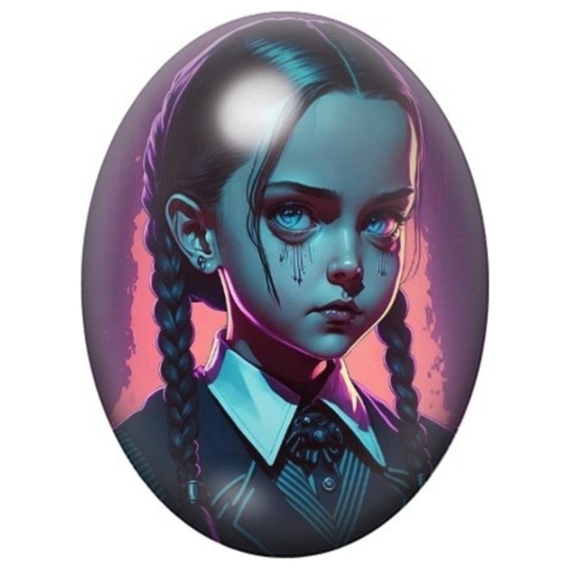 Cabochon en Verre Illustré Mercredi Addams en Lumière Néon 13x18, 18x25 ou 30x40mm