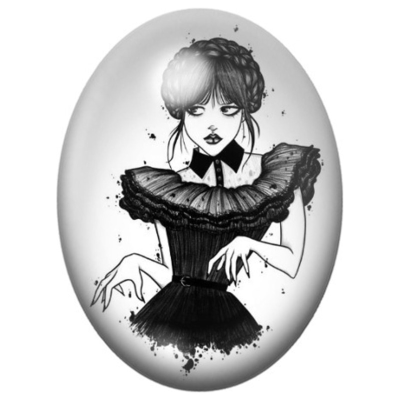 Cabochon en Verre Illustré Femme Gothique Dessinée à l’Encre Noire 13x18, 18x25 ou 30x40mm
