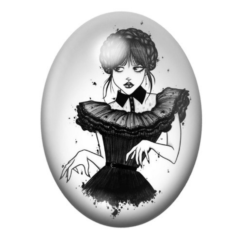 Cabochon en Verre Illustré Mercredi Addams Gothique 13x18, 18x25 ou 30x40mm
