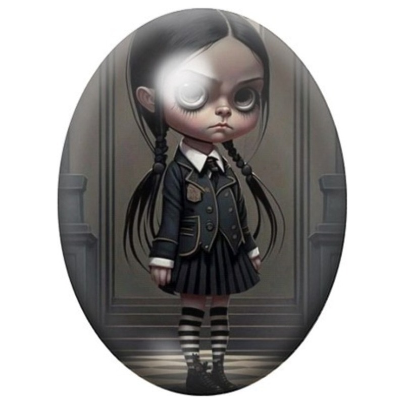 Cabochon en Verre Illustré Jeune Fille Gothique en Uniforme Noir 13x18, 18x25 ou 30x40mm