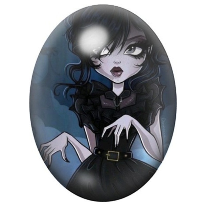 Cabochon en Verre Illustré Femme Vampire Gothique aux Yeux Mauves 13x18, 18x25 ou 30x40mm