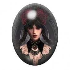 Cabochon en Verre Illustré Mercredi Addams couronnée de Roses Rouges 13x18, 18x25 ou 30x40mm pour la création de bijoux fantaisi