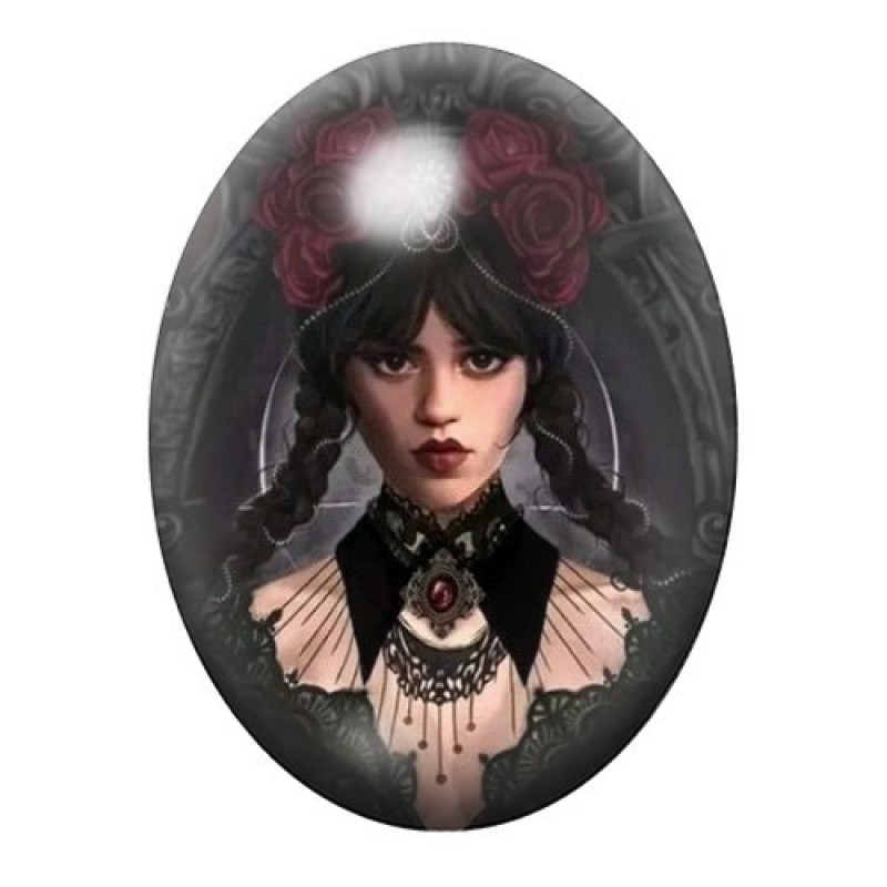 Cabochon en Verre Illustré Mercredi Addams couronnée de Roses Rouges 13x18, 18x25 ou 30x40mm