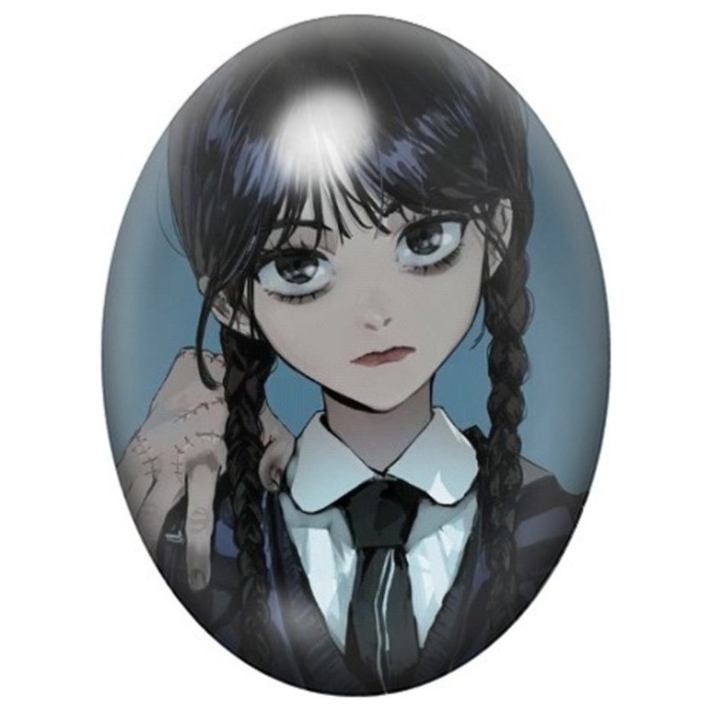 Cabochon en Verre Illustré Mercredi Addams Anime à la Cravate Noire 13x18, 18x25 ou 30x40mm
