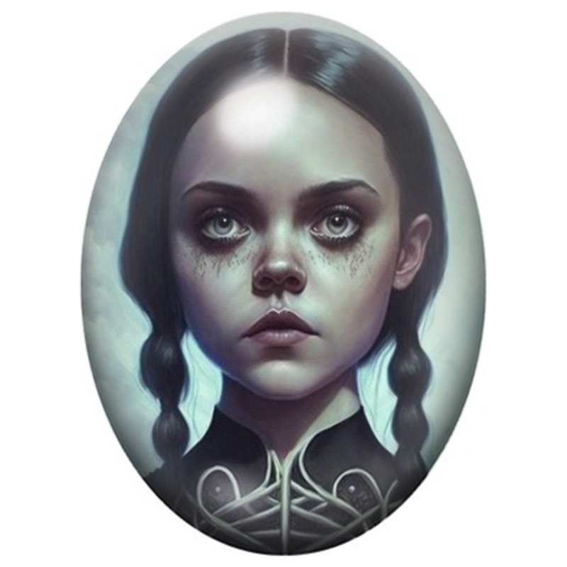 Cabochon en Verre Illustré Mercredi Addams en Portrait Vert Sombre 13x18, 18x25 ou 30x40mm