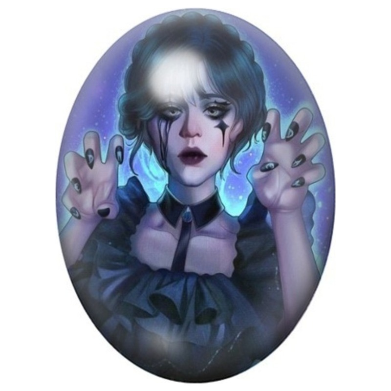 Cabochon en Verre Illustré Femme Gothique aux Mains Lumineuses 13x18, 18x25 ou 30x40mm