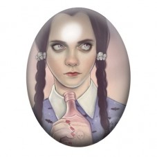 Cabochon en Verre Illustré Mercredi Addams tenant une Potion Rose 13x18, 18x25 ou 30x40mm pour la création de bijoux fantaisie -