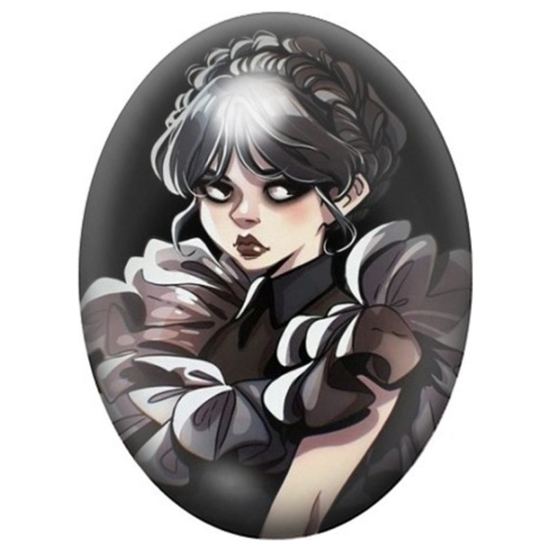 Cabochon en Verre Illustré Femme Gothique au Col Gris Plissé 13x18, 18x25 ou 30x40mm