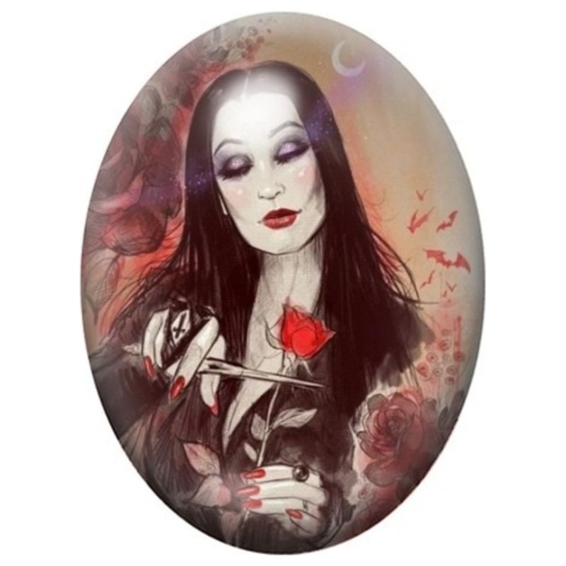 Cabochon en Verre Illustré Femme Gothique à la Rose Rouge 13x18, 18x25 ou 30x40mm