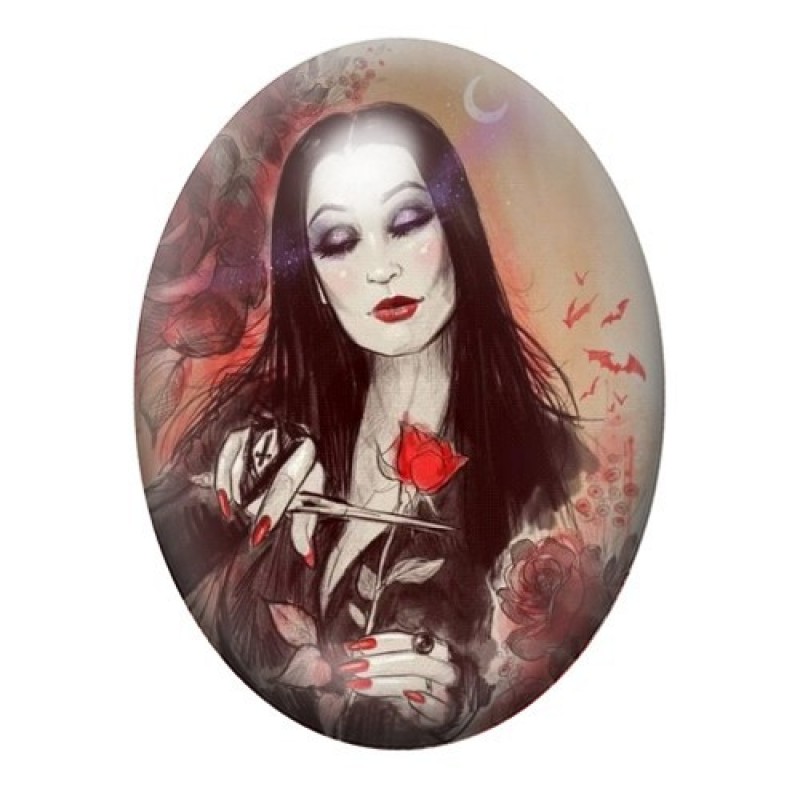 Cabochon en Verre Illustré Morticia Addams Gothique 13x18, 18x25 ou 30x40mm