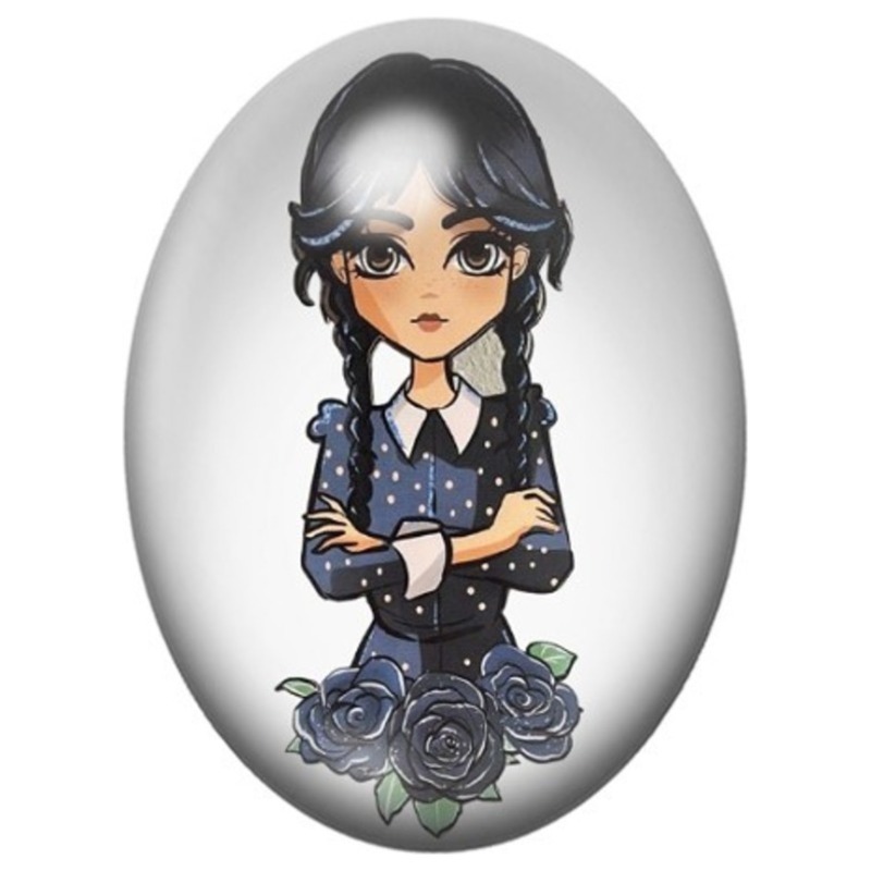 Cabochon en Verre Illustré Mercredi Addams Kawaii aux Roses Noires 13x18, 18x25 ou 30x40mm