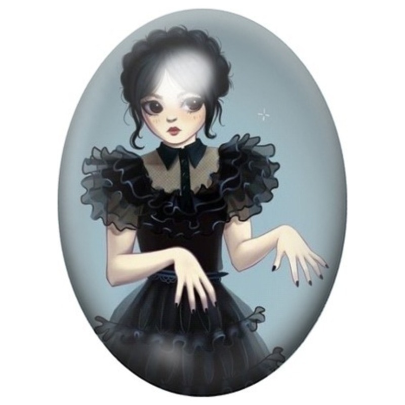 Cabochon en Verre Illustré Femme Gothique à la Robe de Volants 13x18, 18x25 ou 30x40mm