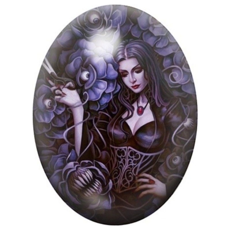 Cabochon en Verre Illustré Femme Gothique aux Roses Violettes 13x18, 18x25 ou 30x40mm