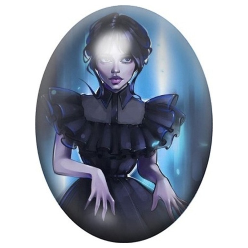 Cabochon en Verre Illustré Jeune Femme Gothique Futuriste Bleue 13x18, 18x25 ou 30x40mm