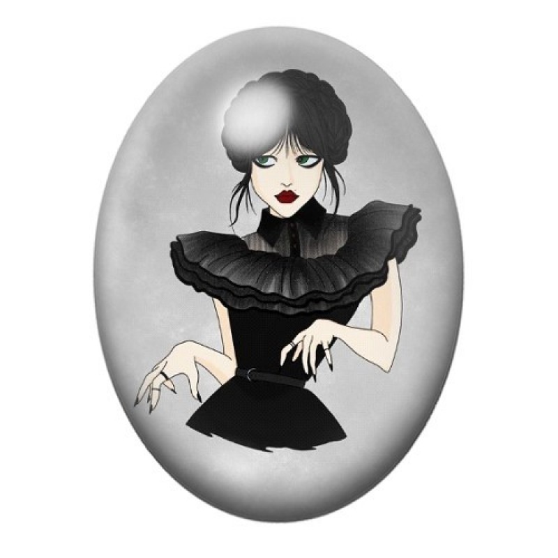 Cabochon en Verre Illustré Femme Gothique au Grand Col à Volants 13x18, 18x25 ou 30x40mm
