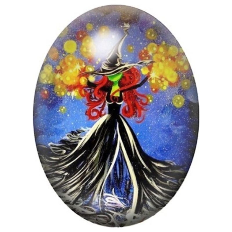 Cabochon en Verre Illustré Sorcière au Chapeau Rouge dans la Nuit Étoilée 13x18, 18x25 ou 30x40mm