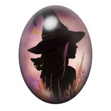 Cabochon en Verre Illustré Sorcière et Chat Noir sous le Chapeau 13x18, 18x25 ou 30x40mm pour la création de bijoux fantaisie - 
