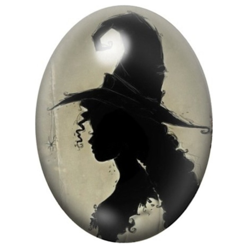 Cabochon en Verre Illustré Profil de Sorcière au Chapeau Pointu 13x18, 18x25 ou 30x40mm