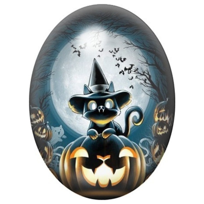 Cabochon en Verre Illustré Chat Sorcier sur une Citrouille Lumineuse 13x18, 18x25 ou 30x40mm