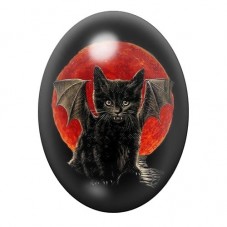 Cabochon en Verre Illustré Chaton Noir aux Ailes devant la Lune Rouge 13x18, 18x25 ou 30x40mm pour la création de bijoux fantais