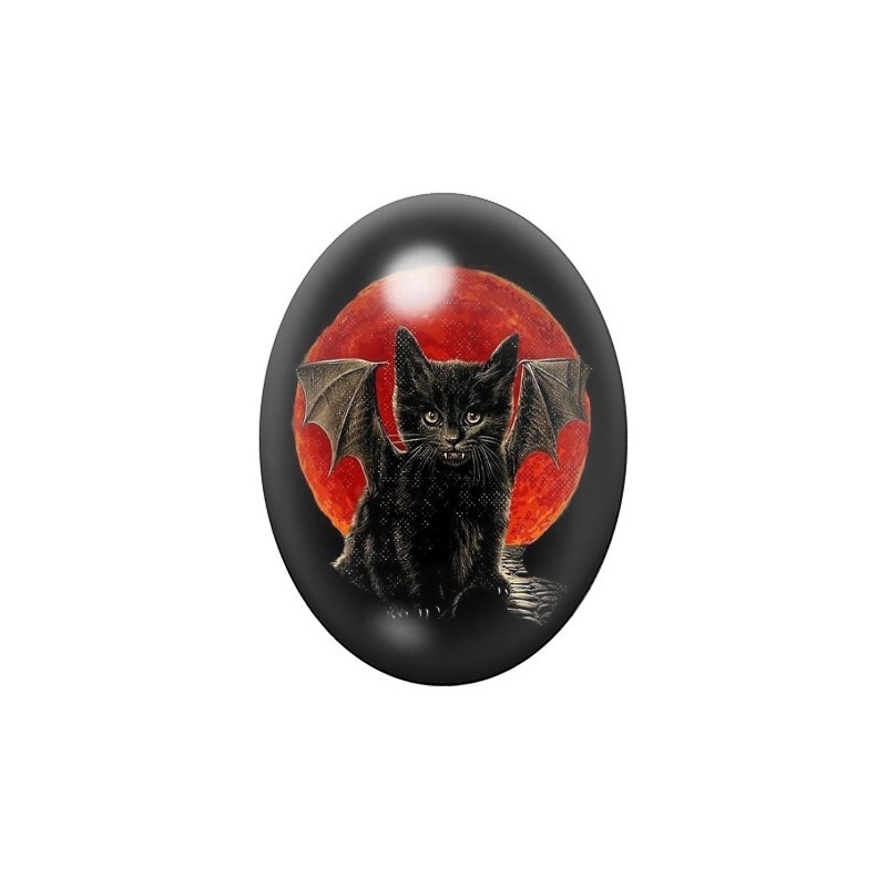 Cabochon en Verre Illustré Chat Noir Démon Ailé Halloween 13x18, 18x25 ou 30x40mm