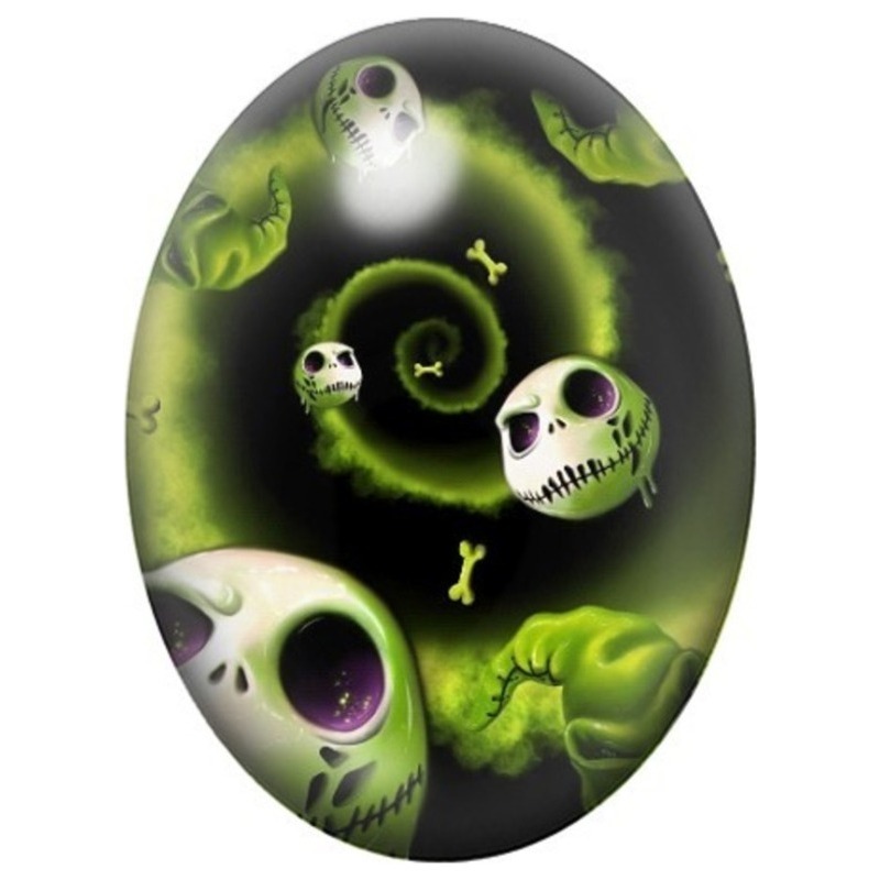 Cabochon en Verre Illustré Jack Skellington et Fantômes Verts 13x18, 18x25 ou 30x40mm