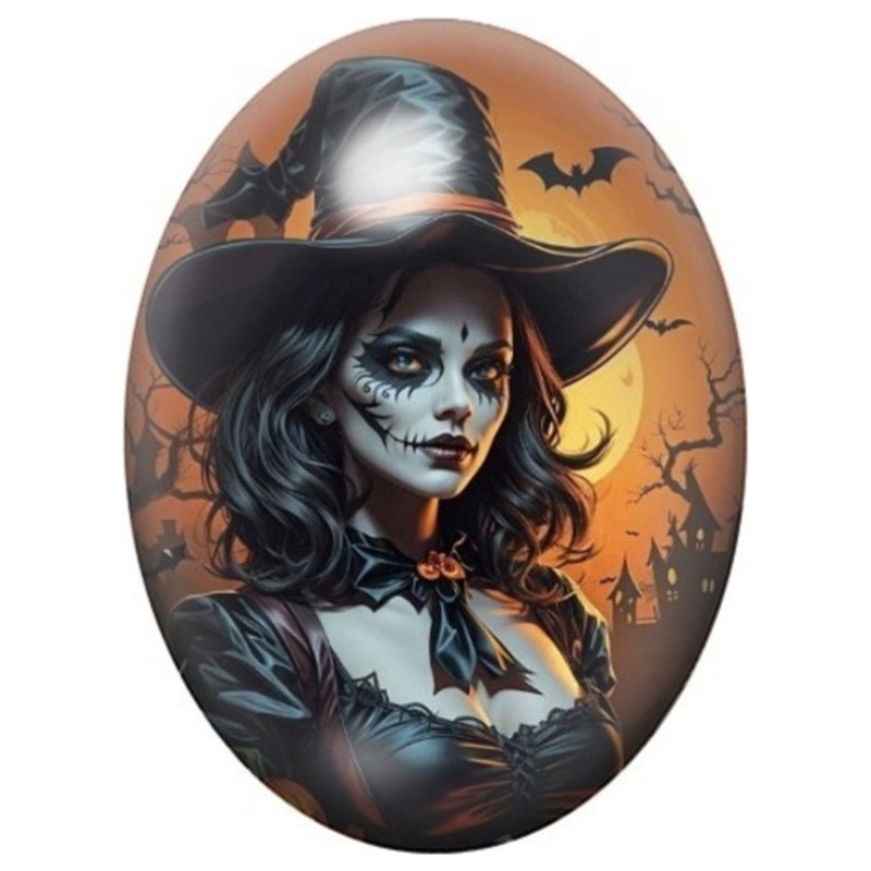Cabochon en Verre Illustré Sorcière Calavera au Chapeau Noir 13x18, 18x25 ou 30x40mm