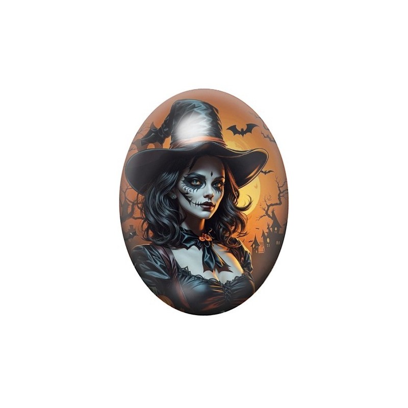 Cabochon en Verre Illustré Sorcière Halloween 13x18, 18x25 ou 30x40mm