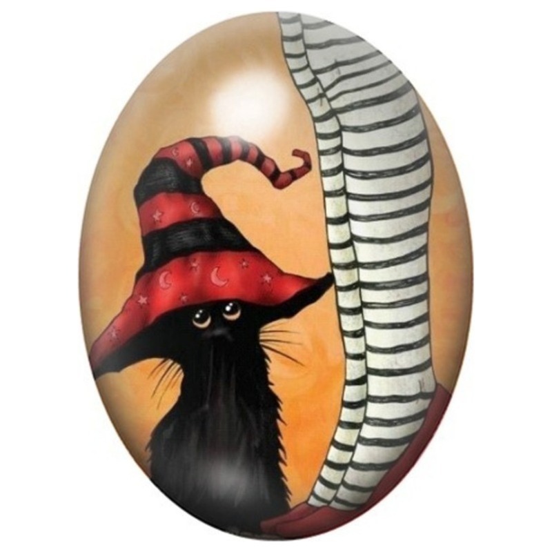 Cabochon en Verre Illustré Chat Sorcier près des Bas Rayés 13x18, 18x25 ou 30x40mm