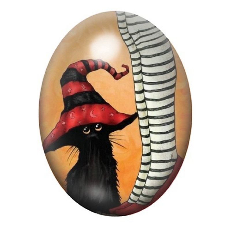 Cabochon en Verre Illustré Chat Sorcière Halloween 13x18, 18x25 ou 30x40mm