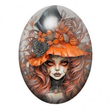 Cabochon en Verre Illustré Sorcière Rousse au Chapeau de Citrouilles 13x18, 18x25 ou 30x40mm pour la création de bijoux fantaisi