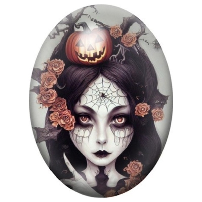 Cabochon en Verre Illustré Femme Calavera aux Roses et Citrouilles 13x18, 18x25 ou 30x40mm